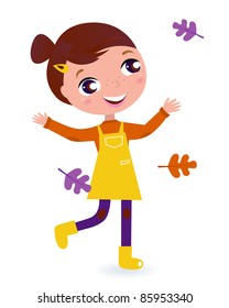 Adorable running Girl with Autumn Leaves. Vector cartoon Illustration.