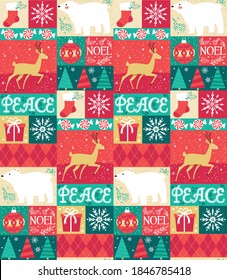 Adorable, rustic holiday seamless vector pattern featuring Christmas elements and characters in a folksy quilt motif. Repeating patterns are great for gift wrap, backgrounds, and packaging.
