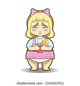 Adorable sad little girl in pink dress cartoon style children illustration isolated on white