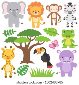 Adorable safari wildlife animals vector set. Cute colorful vector illustrations in flat style design. Elephant, lion, monkey, zebra, alligator, hippo, toucan bird, giraffe, tree, leaves, grass.