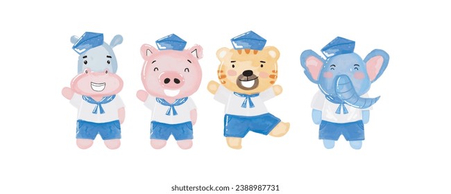 Adorable Segelbanner-Vorlagen. handgezeichnete Aquarell-Illustration Nilpferd, Elefant, Schwein, Tigersegel-Tracht