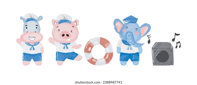 Adorable sailor banner templates. watercolor hand drawn illustration little hippo, elephant, pig, tiger sailor costume