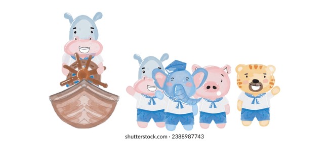 Adorable sailor banner templates. watercolor hand drawn illustration little hippo, elephant, pig, tiger sailor costume