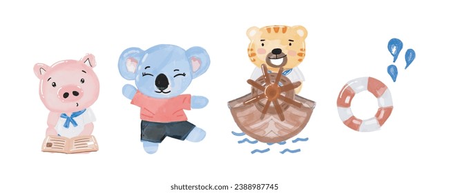 Adorable sailor banner templates. watercolor hand drawn illustration little hippo, elephant, pig, tiger sailor costume