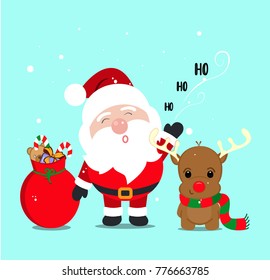 Adorable Santa Claus with a ho ho ho message, bag of gifts and a little reindeer. Blue background with snowflakes. 