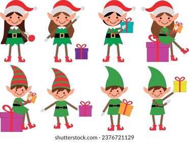 Los elfos adorables de Santa con trajes verdes y rojos mostrando varias poses y llevando regalos y objetos de Navidad. Perfecto para decoraciones y diseños festivos