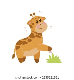 Adorable scared giraffe cartoon character vector illustration. Watercolor drawing with cute baby animal standing on white background. Wildlife concept for birthday card design