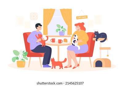 Adorable scene at cat cafe with couple sitting at table. Happy young woman and man fondling kittens on lap flat vector illustration. Domestic animals concept for banner, website design or landing page