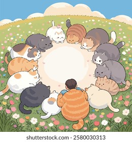 An adorable scene of cats and a person sitting in a circle on a colorful flower field under a sunny sky, creating a peaceful and heartwarming atmosphere