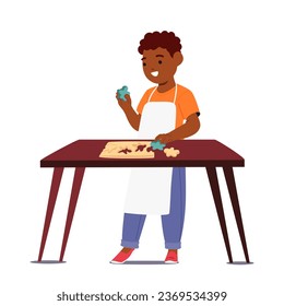 Adorable Scene Little Child With Flour-dusted Fingers And Beaming Smile, Joyfully Cutting Dough, Creating Delicious Cookies on Kitchen with Creativity And Laughter. Cartoon People Vector Illustration