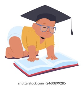 Adorable, Bebé Académico, Con Gorra De Graduación Y Gafas, Se Arrastra Hacia Un Libro Abierto, Simbolizando La Curiosidad Y El Comienzo De Un Viaje Educativo De Toda La Vida. Aprendiendo, Vector