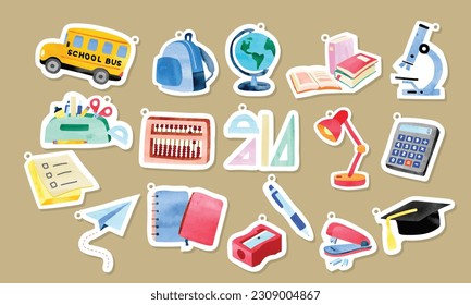 Material escolar adorable pegado a pegatinas de dibujos animados de clipart. Bus escolar, globo, libros, abacus, nota pegajosa, pluma, cuaderno, pegatinas de afilador diseño vectorial. Volver al concepto escolar