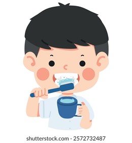 Adorable schoolboy brushing her teeth