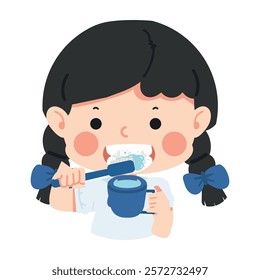 Adorable schoolgirl brushing her teeth