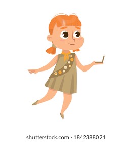 Adorable Scout Girl with Compass, Cute Scouting Child Character in Uniform, Summer Holiday Activities Concept Cartoon Style Vector Illustration