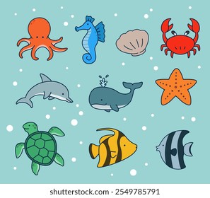 Adorable Ilustración vectorial de animales marinos