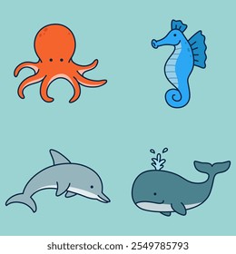 Adorable Ilustración vectorial de animales marinos