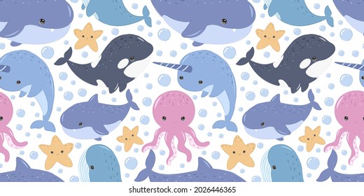 adorable sea animals seamless pattern, wallpaper, cartoon animals, scrapbooking.