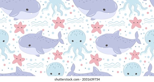 adorable sea animals seamless pattern, wallpaper, cartoon animals, scrapbooking.