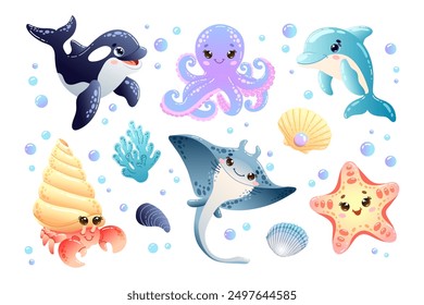 Adorable sea creatures set with cute whale, hermit crayfish, octopus, dolphin, stingray and starfish