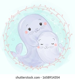 adorable sea lion motherhood illustration, animal clipart, baby shower decoration, woodland illustration.
