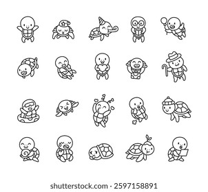Adorable sea turtle set featuring cute kawaii characters with different emotions, fun accessories, and charming poses in a delightful marine and underwater theme for yours projects