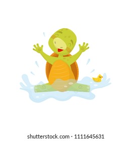 Adorable sea turtle splashing in water with rubber duck. Green reptile with brown shell. Flat vector for sticker, poster or postcard