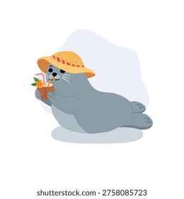 Adorable seal character lying on a beach and enjoying a coconut drink under a straw hat in a tropical summer