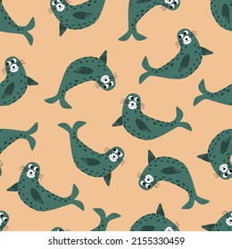 Adorable seals hand drawn vector illustration. Cute animal character seamless pattern for children.