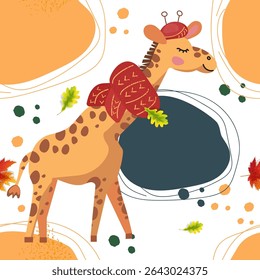 Adorable seamless autumn pattern with giraffe! Perfect for textile, fabric, and wallpaper. Cute animal in scarf and hat with falling leaves creates a cozy design