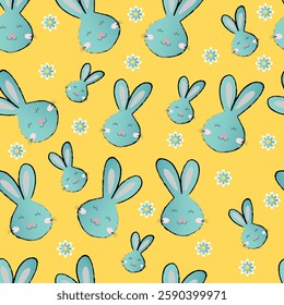 Adorable seamless bunny pattern in pastel colors on a yellow background. A charming Easter and spring design ideal for textiles, gift wraps, children’s decor, digital art, scrapbooking, and more.