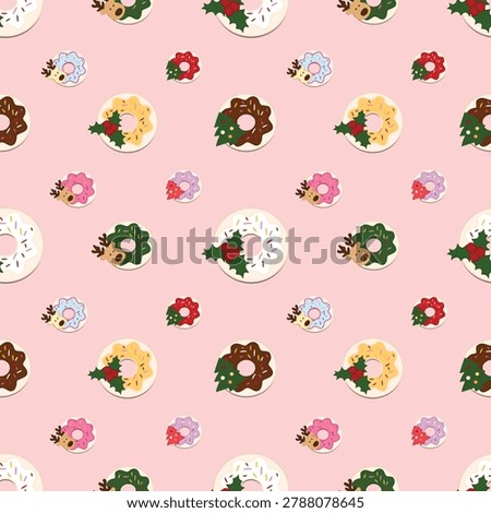 Adorable seamless Christmas donut pattern featuring colorful frosted donuts with holiday decorations, reindeer, holly leaves, and festive sprinkles on a soft pink background. Perfect for wrapping paper, kids fabric, bakery branding, holiday cards, textile prints, wallpaper, and cheerful winter surface designs.
