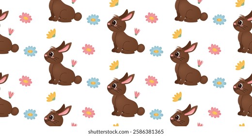 Adorable seamless Easter pattern with chocolate brown rabbits and colorful flowers. Cute holiday design for children's textile, easter decoration, or spring wallpaper and wrapping paper.