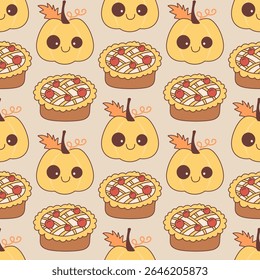 Adorable seamless fall pattern with smiling yellow pumpkins and sweet cherry pies on a soft beige background. This cozy and festive design is perfect for Thanksgiving, seasonal wrapping paper