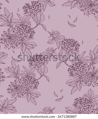 Adorable seamless floral pattern with hand-drawn peony-dahlia-style flowers and leaves in detailed line art. Monochrome plum illustration on a muted mauve background.