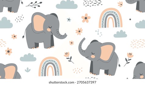 Bezauberndes nahtloses Baumschulmuster mit süßen schlafenden Elefanten boho Regenbogen Wolken und Blumen in einer weichen Pastellpalette.