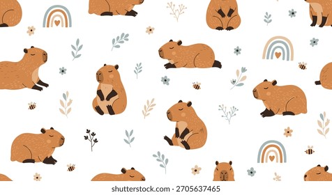 Adorável padrão de berçário sem costura com capibaras bonitos em várias poses boho arco-íris abelhas e flores em um fundo branco.