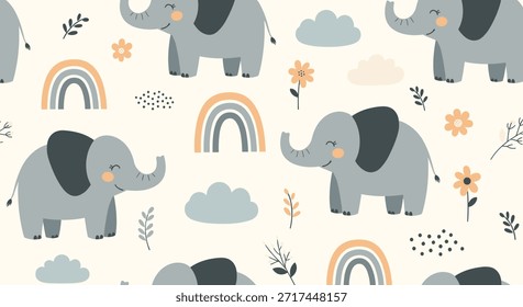 Adorable seamless nursery pattern featuring cute gray elephants, colorful rainbows, clouds, and flowers on a cream background.