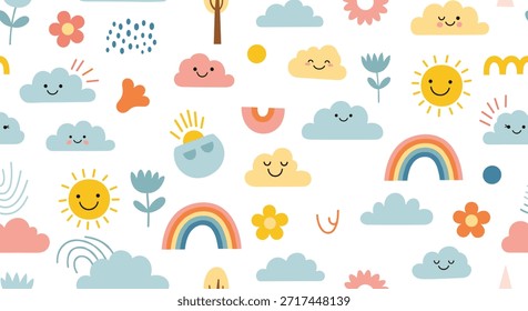 Adorable seamless nursery pattern with smiling clouds, happy suns, colorful rainbows, and flowers on a white background.