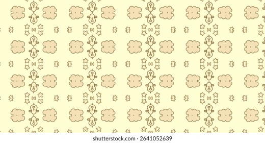 Adorable seamless pattern with abstract animal shapes, stars, and clouds in warm beige tones. Great for decor and digital design.