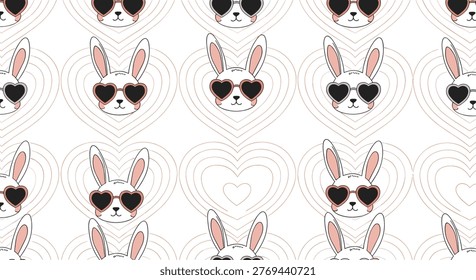 Adorable seamless pattern of bunny faces wearing heart-shaped sunglasses inside concentric heart frames on white.