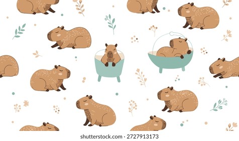 Adorable patrón sin fisuras de capibaras en varias poses, incluyendo algunas en bañeras con pequeñas hojas y puntos sobre un fondo blanco para el vivero.