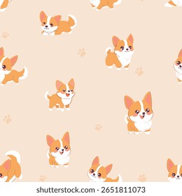 Adorable seamless pattern of cartoon Corgi dogs with paw prints on pastel background. Perfect for kids' products, textiles, and wrapping paper.