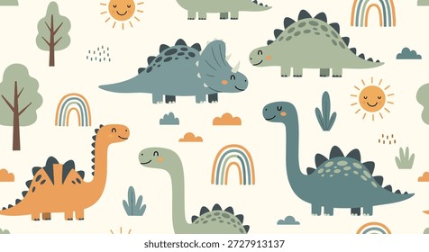 Adorable seamless pattern of cartoon dinosaurs including triceratops and sauropods with rainbows, suns, trees, and clouds on cream backdrop.