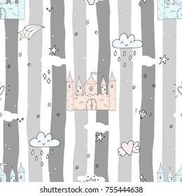 Adorable seamless pattern with castle in cartoon.