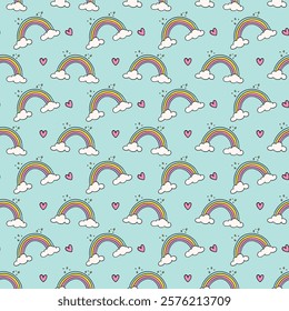 Adorable seamless pattern with colorful rainbows, fluffy clouds, and pink hearts on a light blue background, perfect for playful designs