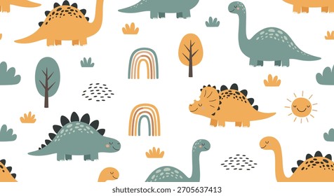Adorable patrón sin fisuras con lindos dinosaurios de dibujos animados en un paisaje prehistórico boho con árboles, arco iris y soles sonrientes.