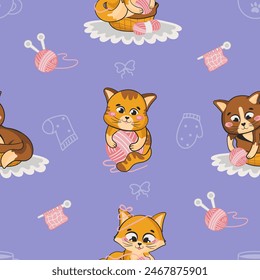 Adorable seamless pattern with cute cats and knitting on light violet background in cartoon style, cozy ornament for print and textile