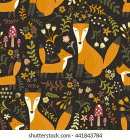 Adorable seamless pattern with cute foxes - Mother and her baby. Forest vector texture in childish style great for fabric and textile, wallpapers, web page backgrounds, cards and banners design