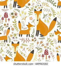 Adorable seamless pattern with cute foxes - Mother fox and her baby. Forest vector texture in childish style great for fabric and textile, wallpapers, web page backgrounds, cards and banners design